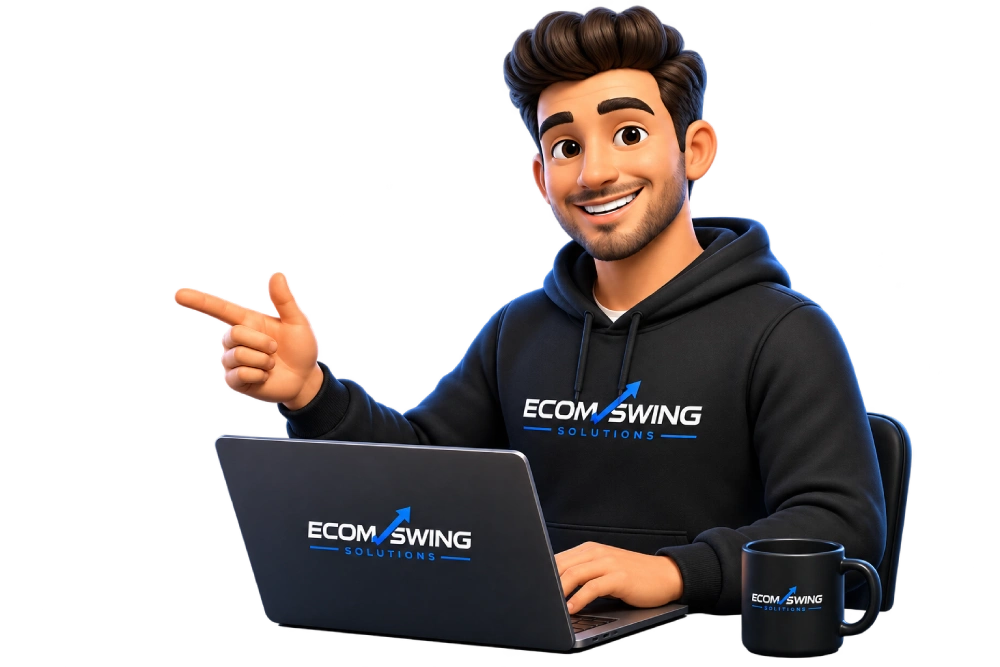 Illustrated Ecom Swing team member pointing toward the consultation offer