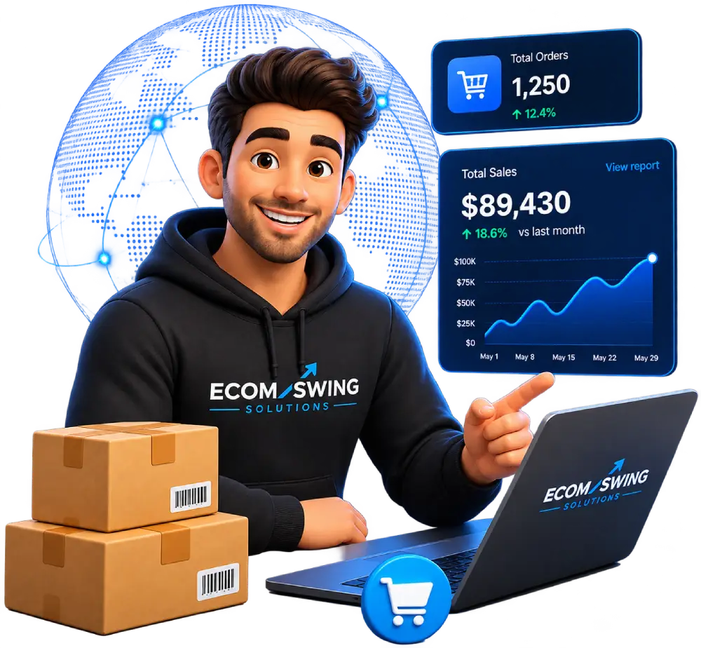 Illustrated Ecom Swing team member next to shipping boxes and sales dashboard